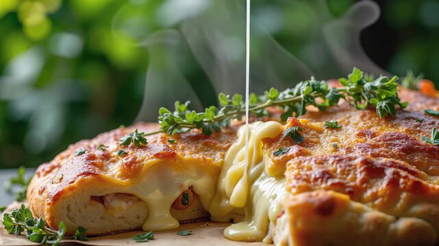 cheese filled calzone with fresh herbs and steam for national calzone day