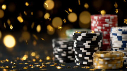 Close-up of stacked poker chips with golden sparks flying around, dark blurred casino background, ample copy space on one side for text