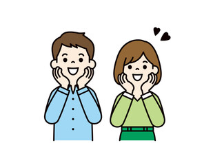 興奮した様子で嬉しそうな、若い男性と女性の上半身ベクターイラスト素材＿カラー