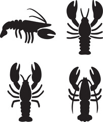 big lobster silhouette icons set side, front, back, and top views vector art illustration