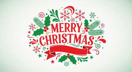 Fototapeta premium Festive Merry Christmas Typography Design with Holly and Snowflakes Ornamentation