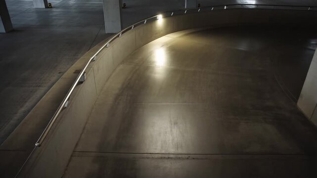 Concrete parking garage ramp with curved design and moody artificial light
