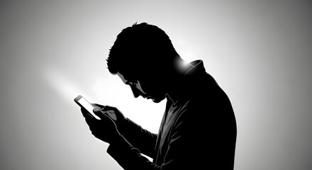 Silhouette of a man intensely focused on his smartphone in a softly lit room highlighting digital dependency and the modern connected lifestyle.