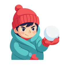 Happy young boy in winter hat and coat holding a snowball, ready for fun winter activity