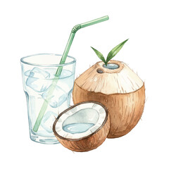 Watercolor Coconut Water Glass with Fruit Vector Illustration Isolated on White Background, Refreshing Drink Clipart for Summer, Menu, and Wellness Design