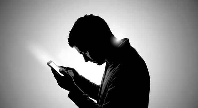 Silhouette of a man intensely focused on his smartphone in a softly lit room highlighting digital dependency and the modern connected lifestyle.