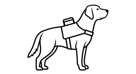 Obraz premium Black and white line art illustration of a service dog in harness standing attentively ready to
