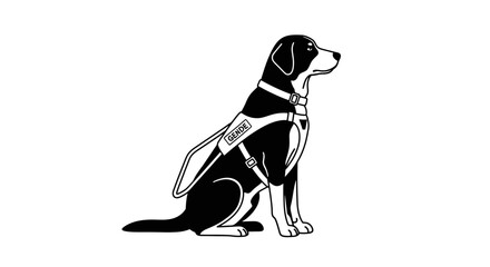 Elegant monochrome graphic of a seated service dog with assistive harness and collar