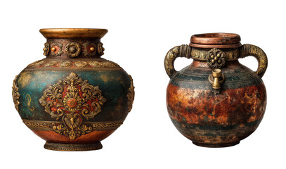 Ornate antique water jugs isolated on transparent background