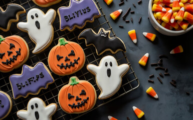 Halloween Cookie and Candy Corn Display with Ghosts, Jack-o'-Lanterns, Bats, Boo Speech Bubbles, and Colorful Sprinkles, Festive Treats on Cooling Rack for Seasonal Party Decor and Holiday Visual.