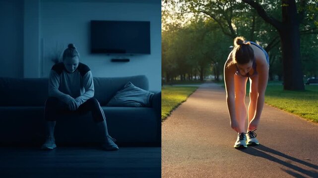 Woman lifestyle contrast with sedentary mood indoors in blue light versus active jogging preparation outdoors at golden hour
