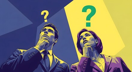 thoughtful business people contemplating ideas looking up with question marks symbolizing problem solving and strategic thinking for corporate communication