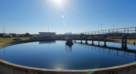 Obraz premium Water Treatment Plant Circular clarity under sunny blue sky.