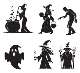 A collection of black silhouettes featuring Halloween characters like witches, a zombie, a ghost, and a wizard, isolated on a white background.