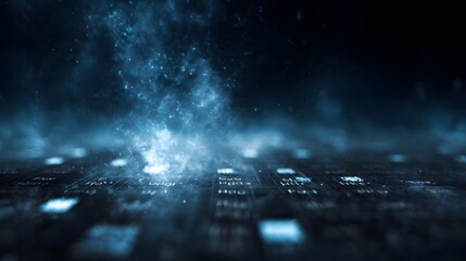 Futuristic blue digital hologram displaying scientific elements against a dark ethereal background