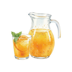 Watercolor Orange Juice Pitcher and Glass with Orange Slices Isolated on White Background, Fresh Citrus Fruit Beverage Vector Illustration