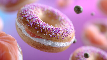 Surreal donut with sprinkles floating in vibrant pink background