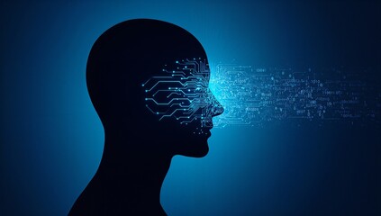 Obraz premium AI Humanoid Face Concept. Technology Digital Robot Head Side View with Circuit Board Components. Tech Blue Background. Artificial Intelligence Agent or Assistant Concept. ai