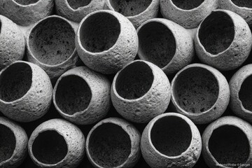 Abstract grayscale image of many round, hollow objects stacked