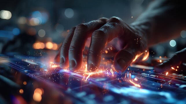 未来的なデジタルインターフェースに触れる手 | Hand touching a futuristic digital interface - Powered by Adobe