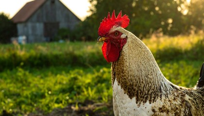 Rooster head close-up, green field, farm building in background bathed in warm sunset light
