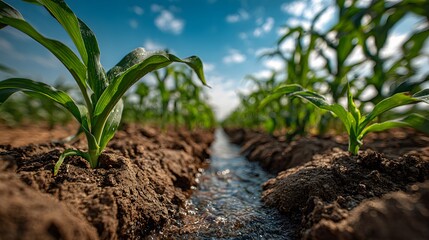 Low-angle shot of a freshly tilled irrigation ditch in a farm field, showing rich brown earth and new green shoots with a cornfield in the background.