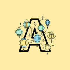 Letter A with lanterns and stars on a yellow background.