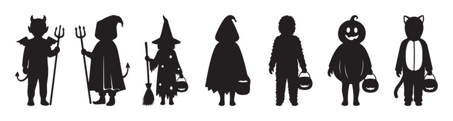 Seven black silhouettes of children dressed in various Halloween costumes, including a devil, witch, pumpkin, and cat, holding trick-or-treat buckets.