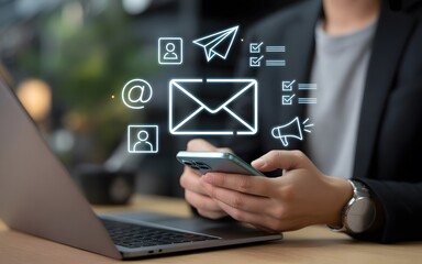 Person using smartphone with digital communication icons overlayed