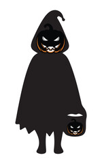 A spooky Halloween figure in a black hooded cloak with a glowing jack-o'-lantern head and carrying a matching pumpkin candy bucket, ready for trick-or-treating.