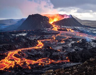 Volcanic lava flows with hot temperatures