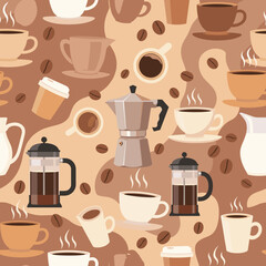 Inviting seamless pattern with various coffee cups, moka pots, French presses, and scattered coffee beans, perfect for a cozy, warm beverage-themed background or fabric design