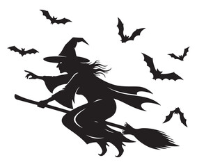 Silhouette of a witch flying on a broomstick surrounded by bats against a white background, evoking a Halloween theme.