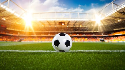 Soccer ball on green field in brightly lit stadium with sun rays