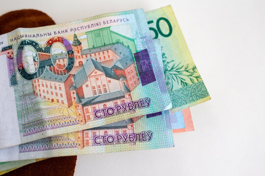 Belarusian ruble banknotes in suede wallet