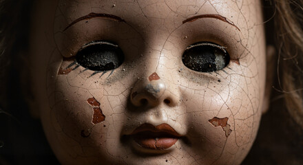Vintage cracked porcelain doll with missing eyes on dark background  