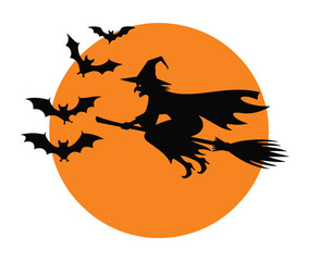 Fototapeta premium Silhouette of a witch flying on a broomstick with bats against an orange full moon, a classic Halloween scene.