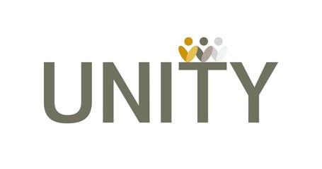 Modern unity logo with geometric human symbols in warm gradient tones. Balanced with clean lines and earthy hues to represent connection, inclusivity, and collective purpose.