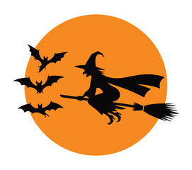 Silhouette of a witch flying on a broomstick with bats against an orange full moon.