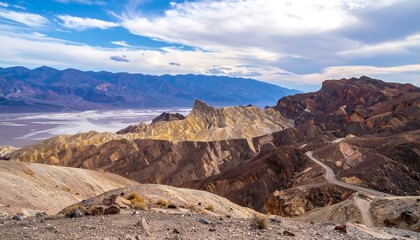 Fototapeta premium Arid landscape with striated hills, winding road, expansive valley, under a cloudy sky