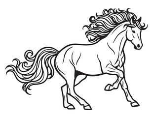 Elegant black and white illustration of a running horse with flowing mane and tail.