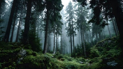 Fototapeta premium Moody, atmospheric photograph from deep within a dense, misty evergreen forest, showing tall, straight tree trunks creating a powerful vertical pattern.