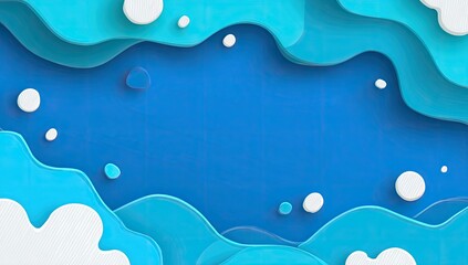 Abstract paper cut design with layered, teal and light blue waves