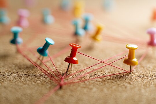 Colorful pushpins connected by threads on corkboard
