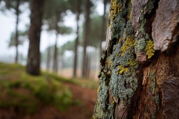 Obraz premium Close-up of weathered pine tree trunk, moss-covered, with a blurred forest background