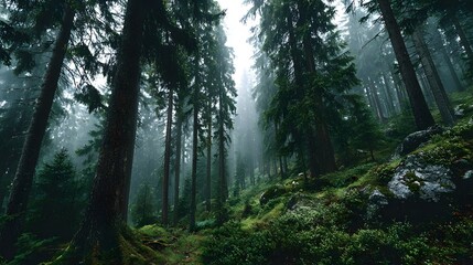 Obraz premium Moody, atmospheric photograph from deep within a dense, misty evergreen forest, showing tall, straight tree trunks creating a powerful vertical pattern.