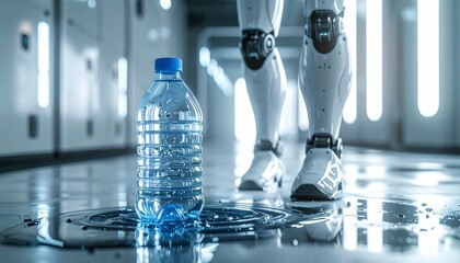 A futuristic robot's leg stands next to a water bottle in a sterile environment. The scene depicts a juxtaposition of technology and the basic need for water.