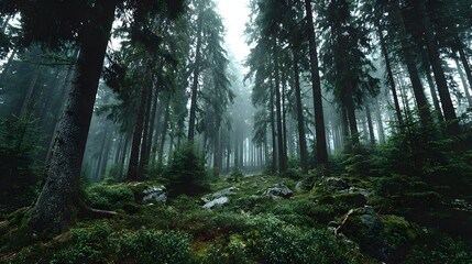 Fototapeta premium Moody, atmospheric photograph from deep within a dense, misty evergreen forest, showing tall, straight tree trunks creating a powerful vertical pattern.