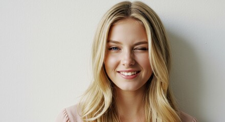 Fototapeta premium Winking woman portrait setting bright background joyful expression