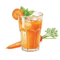 Watercolor Carrot Juice Glass with Fresh Carrot and Leaves Isolated on White Background, Healthy Orange Drink Vector Illustration